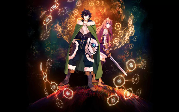 Naofumi Iwatani and Raphtalia from The Rising of the Shield Hero stand confidently with magical symbols glowing around them in this vibrant HD desktop wallpaper.