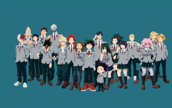 4K Ultra HD My Hero Academia anime wallpaper featuring the main characters in school uniforms against a solid background, designed for PC desktop use.