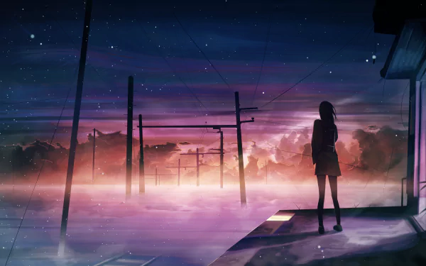 HD desktop wallpaper depicting an anime-style girl with long hair at a train stop at dusk, featuring vibrant skies and telephone poles.