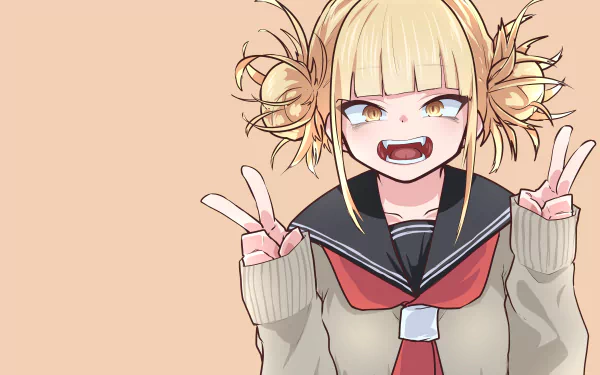 Himiko Toga from My Hero Academia flashes a mischievous smile and peace signs in this vibrant 4K Ultra HD anime desktop wallpaper.