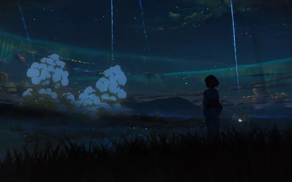 Anime-style 8K Ultra HD desktop wallpaper inspired by Your Name, featuring a silhouetted figure under a starry night sky with glowing streaks and clouds.
