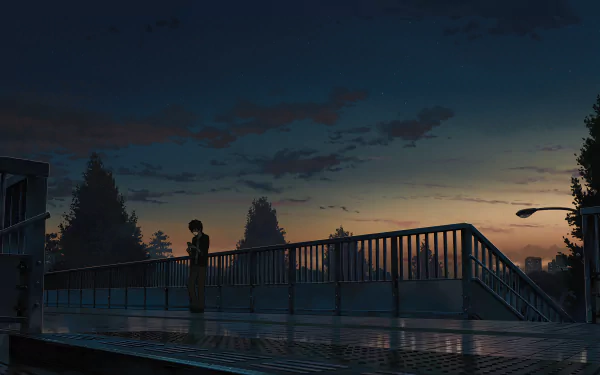 A serene scene from Your Name, captured in stunning 8K Ultra HD, featuring a character standing on a bridge at dusk, surrounded by trees and a colorful sky.