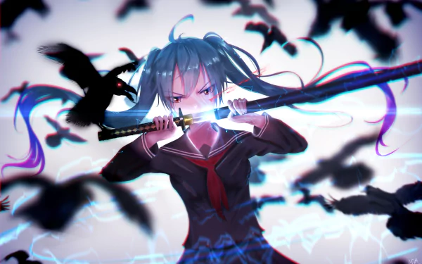 Anime-style HD wallpaper featuring Hatsune Miku wielding a katana, surrounded by crows. The vibrant background and dynamic pose create an intense and captivating visual.