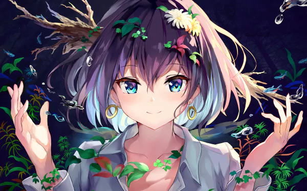 Anime-style HD desktop wallpaper featuring a vibrant girl with blue-green hair adorned with flowers, surrounded by a whimsical, dark floral backdrop.