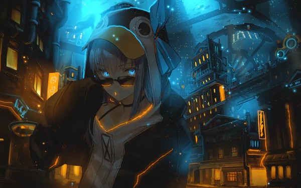 HD desktop wallpaper features Meltlilith from Fate/Grand Order in an Anime style. The backdrop showcases a vividly illuminated cityscape at night.