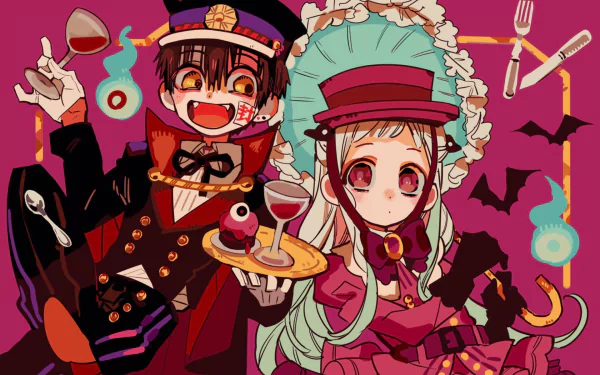 HD desktop wallpaper featuring Hanako-kun and Yashiro Nene from Jibaku Shounen Hanako-kun. The vibrant anime background showcases the characters in detailed, colorful attire against a decorative backdrop.