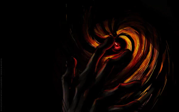 HD desktop wallpaper featuring Obito Uchiha from Naruto, showcasing his Sharingan eye in a dark, dramatic setting with swirling red and orange colors.