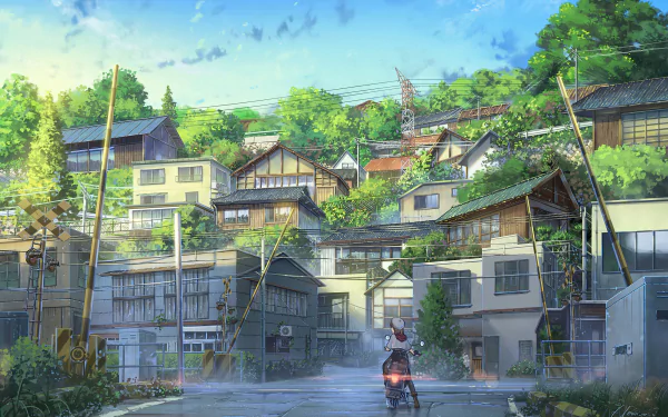 Anime-style HD wallpaper featuring a serene village scene with houses on a hill, telephone poles, a railroad crossing, and a figure with brown hair, a scarf, and a hat riding a bike.