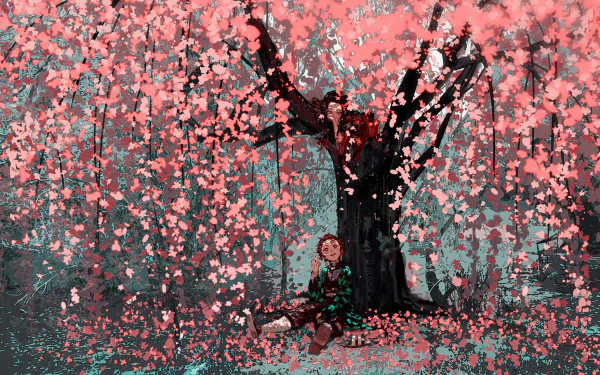 HD desktop wallpaper of Nezuko Kamado and Tanjiro Kamado from Demon Slayer: Kimetsu no Yaiba, sitting under a blossoming sakura tree in a serene forest setting.