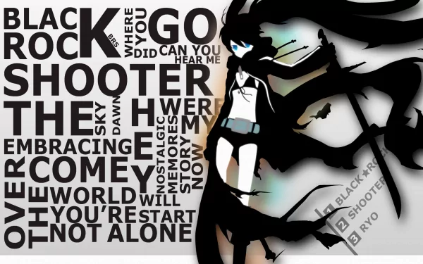 HD desktop wallpaper featuring Black Rock Shooter with bold text elements and a dynamic black and white color scheme.