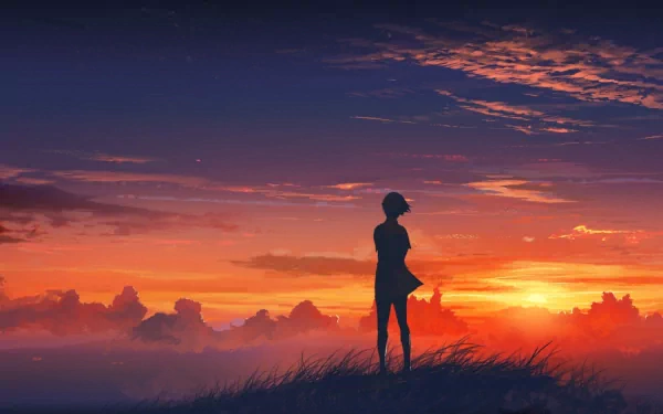 HD anime wallpaper featuring a silhouette of an anime girl standing on a hilltop, gazing at a stunning sunset with vibrant orange and purple hues.