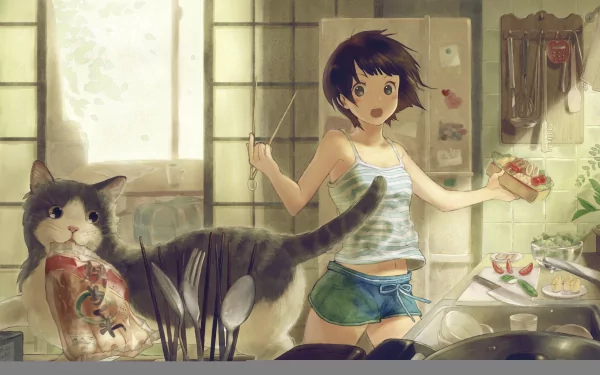 Anime-style artwork of a girl cooking in the kitchen with a playful cat. The scene is lively with warm light streaming through the window. This HD wallpaper makes a charming desktop background.