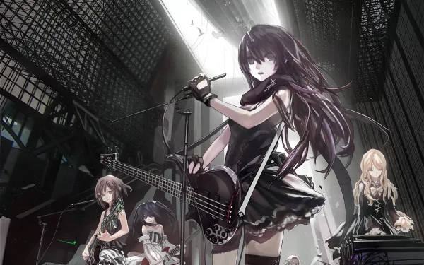 HD desktop wallpaper featuring the girl band from the anime K-ON!. Characters Ritsu Tainaka, Azusa Nakano, Tsumugi Kotobuki, Yui Hirasawa, and Mio Akiyama are performing on stage with instruments.