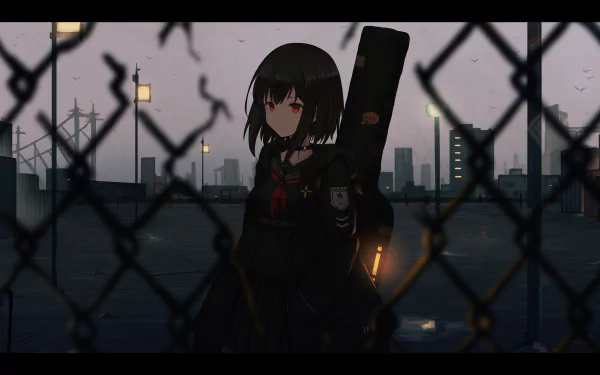 Anime warrior with short hair and red eyes stands in a cityscape background, framed by a chain-link fence. This HD desktop wallpaper exudes a blend of urban and warrior themes.
