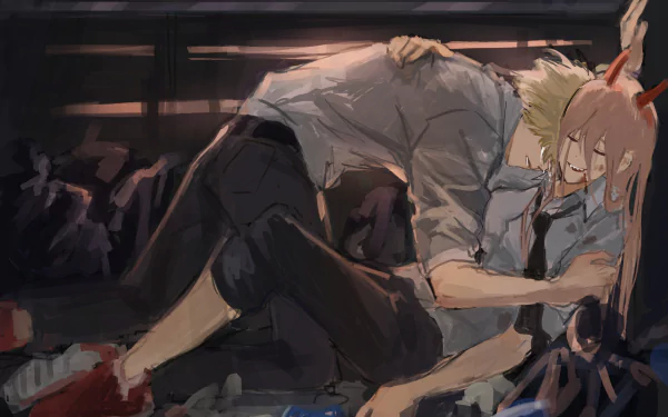 4K Ultra HD anime wallpaper featuring Power and Denji from Chainsaw Man in an intense, dramatic scene with dark, moody lighting.