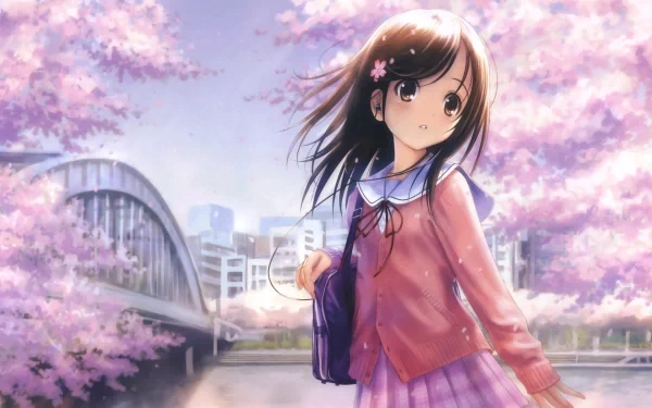 Anime girl standing on a bridge with cherry blossoms in the background in a charming HD desktop wallpaper and background.