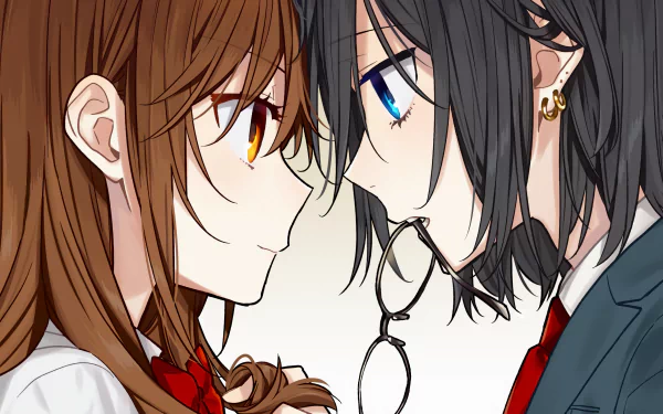 Anime-style 4K Ultra HD wallpaper featuring Izumi Miyamura and Hori Kyouko from Hori-san To Miyamura-kun, with detailed black hair and expressive eyes.