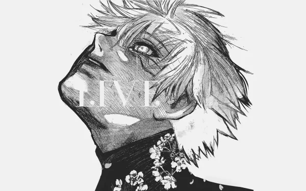 A high-definition wallpaper featuring Ken Kaneki from the anime Tokyo Ghoul, showcasing his intense expression and striking hair, complemented by floral patterns.