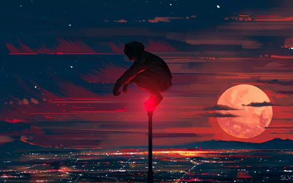 An anime boy perches on a high pole, overlooking a vast cityscape at night with a full moon illuminating the sky. The scene features vibrant colors and an HD quality, creating a stunning desktop wallpaper.