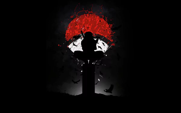 HD desktop wallpaper featuring Itachi Uchiha from the anime Naruto, with a dark background and a striking red and white design.