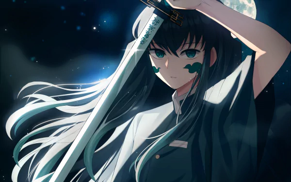 Muichiro Tokito from Demon Slayer: Kimetsu no Yaiba depicted in a detailed 4K Ultra HD anime wallpaper with a serene night sky and glowing moon background.