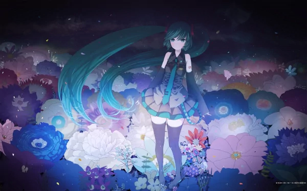 A vibrant HD desktop wallpaper featuring Hatsune Miku from Vocaloid, standing amid a field of large, colorful flowers in an anime style.