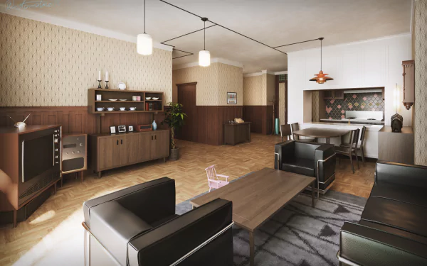 A modern, cozy living room with wood-paneled walls and mid-century furniture, styled as a 4K Ultra HD PC desktop wallpaper inspired by Anime and Spy x Family.
