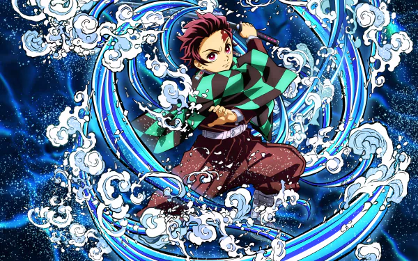 Tanjiro Kamado from Demon Slayer: Kimetsu no Yaiba stands amidst swirling water, showcasing his determination and strength in this vibrant 4K Ultra HD wallpaper.