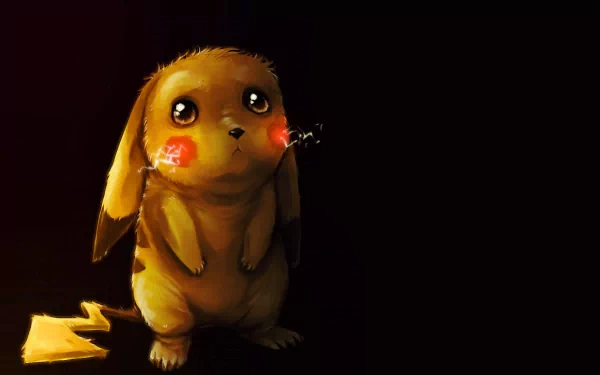 A high-definition wallpaper featuring a sad and cute Pikachu from the Pokémon anime, with red electric cheeks glowing slightly in the darkness.