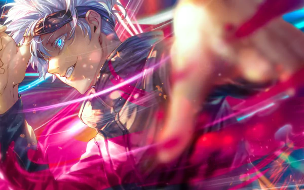 HD PC desktop wallpaper featuring an intense, dynamic anime character from Jujutsu Kaisen with vibrant colors and glowing effects in a striking action pose.