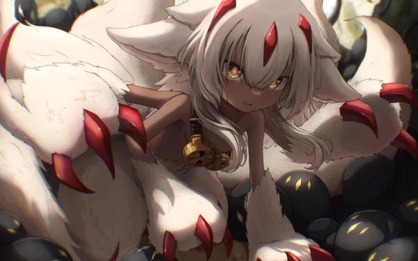 Faputa from Made in Abyss depicted in a detailed 4K Ultra HD anime wallpaper with dark tones and glowing eyes, designed for PC desktop backgrounds.