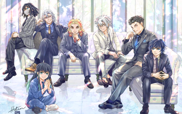 Anime HD PC desktop wallpaper featuring the main characters from Demon Slayer: Kimetsu no Yaiba in stylish suits against a bright, floral background.