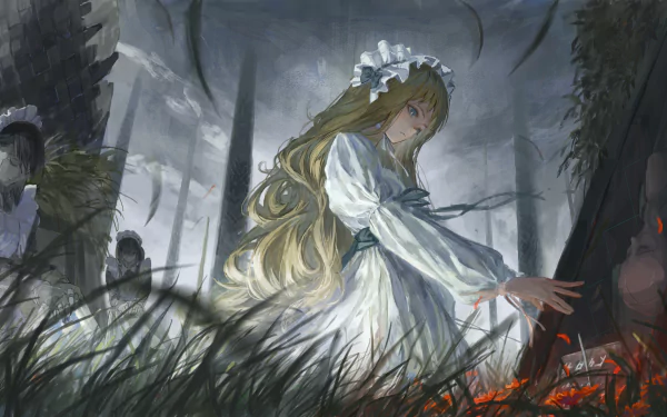 Anime girl with long blonde hair in a white dress and bonnet, set against a dark, surreal background. HD desktop wallpaper.