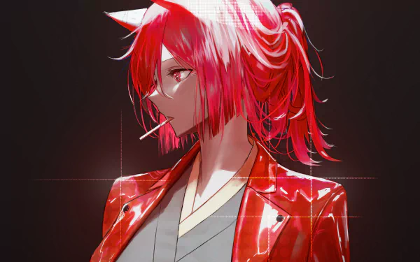 A vibrant 4K Ultra HD anime girl with striking red hair and a glossy red jacket, set against a dark background, designed as a PC desktop wallpaper.