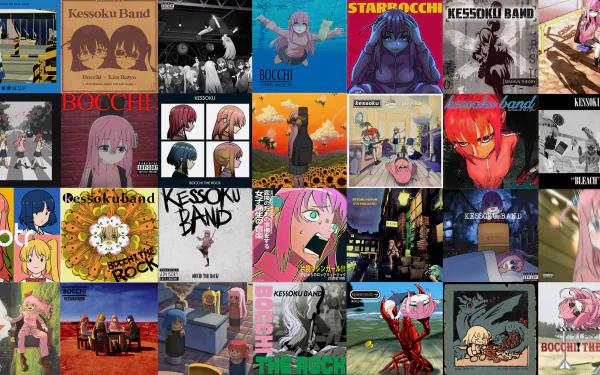 8K Ultra HD PC desktop wallpaper featuring a vibrant collage of Bocchi Hitori and Bocchi the Rock! anime scenes, characters, and band visuals.
