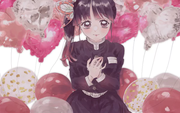 Kanao Tsuyuri from Demon Slayer: Kimetsu no Yaiba is depicted in an 8K Ultra HD anime-style wallpaper with soft pink and red balloons in the background.