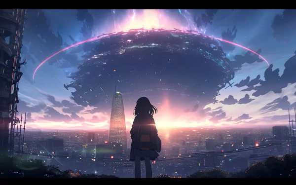 Anime-style cityscape at sunrise with a glowing sky and futuristic elements, rendered in 8K Ultra HD as an original AI art desktop wallpaper.