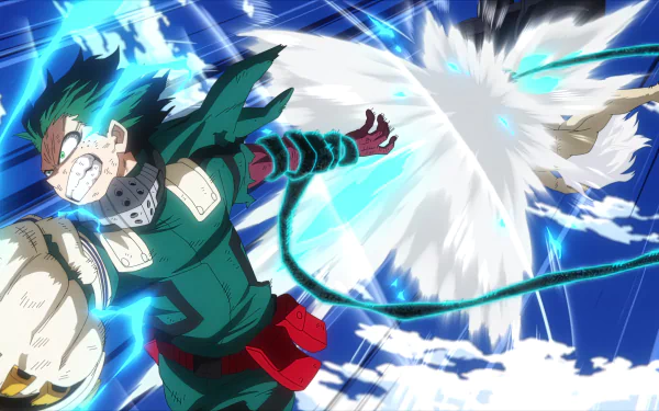 A dynamic 4K Ultra HD My Hero Academia anime desktop wallpaper featuring Deku unleashing a powerful electrified attack against an opponent.