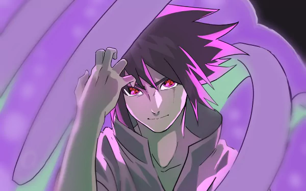 4K Ultra HD anime wallpaper featuring Sasuke Uchiha from Naruto, depicted with glowing eyes and surrounded by purple energy tendrils on a dark background.