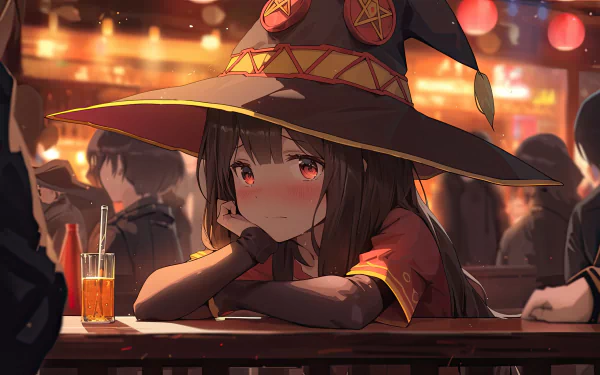 Megumin from KonoSuba anime sits at a bar counter with a drink, depicted in detailed 8K Ultra HD PC desktop wallpaper style from KonoSuba - God’s blessing on this wonderful world!!.