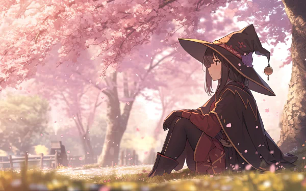 Megumin from KonoSuba sits under blooming cherry blossoms in a serene 8K Ultra HD anime wallpaper from KonoSuba - God’s blessing on this wonderful world!!.