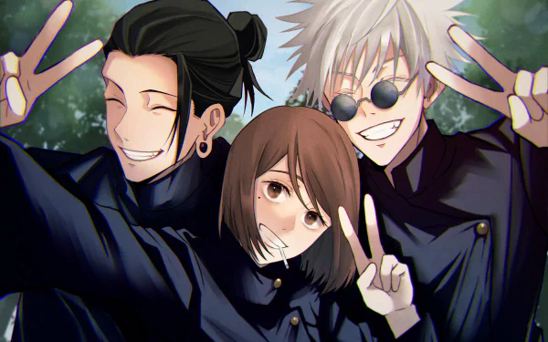 4K Ultra HD anime wallpaper featuring Satoru Gojo, Shoko Ieiri, and Suguru Geto from Jujutsu Kaisen, all making peace signs with cheerful expressions.