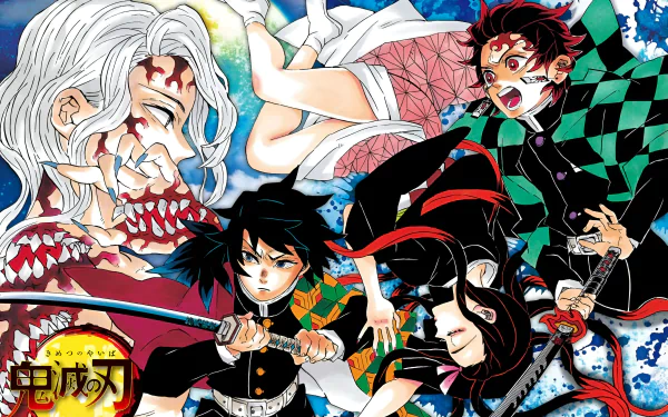 HD anime desktop wallpaper featuring characters from Demon Slayer: Kimetsu no Yaiba in dynamic action poses with vibrant colors and detailed artwork.
