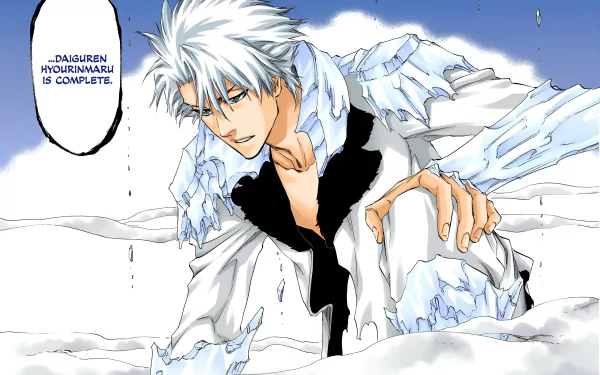 Tōshirō Hitsugaya in his Bankai form from Bleach: Thousand-Year Blood War manga, depicted in a dynamic 4K Ultra HD anime-style PC desktop wallpaper.