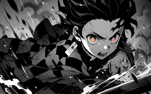 HD wallpaper of Tanjiro Kamado from Demon Slayer: Kimetsu no Yaiba, depicted in dynamic manga style, intense and focused.