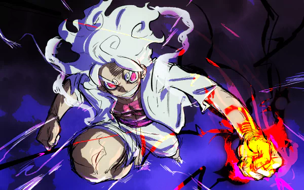 HD desktop wallpaper featuring Monkey D. Luffy in his Gear 5 transformation from the anime One Piece, showcasing a dynamic, colorful action scene.