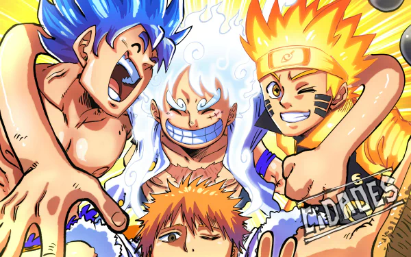 A vibrant crossover wallpaper featuring Goku, Monkey D. Luffy in Gear 5, Naruto Uzumaki, and Ichigo Kurosaki, showcasing their iconic styles and expressions in a dynamic anime setting.