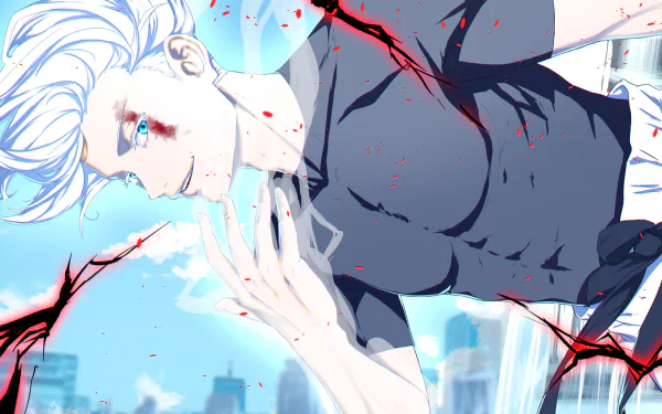 4K Ultra HD anime wallpaper of Satoru Gojo from Jujutsu Kaisen, featuring him with white hair, piercing blue eyes, and dynamic red energy streaks.