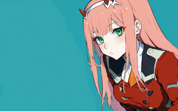 HD desktop wallpaper of Zero Two from the anime 'Darling in the FranXX', featuring her with long pink hair and a red uniform against a solid teal background.
