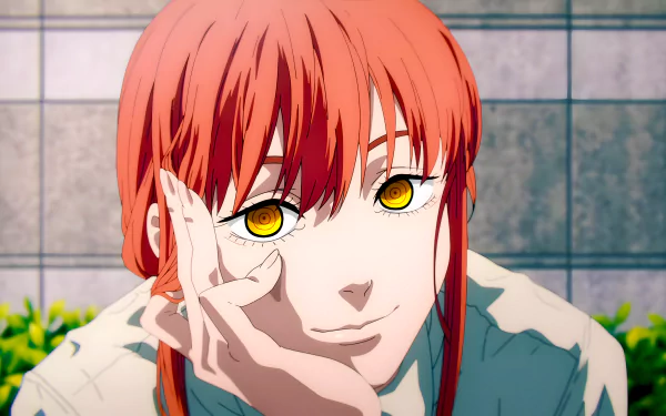 Close-up of Makima from Chainsaw Man anime, featuring her striking amber eyes and red hair, rendered in stunning 8K Ultra HD PC desktop wallpaper quality.